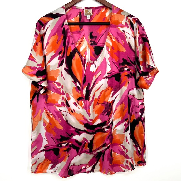 JM Collection Womens Size XL Pink Orange Short Sleeve Blouse Shirt Top Summer - Picture 1 of 7